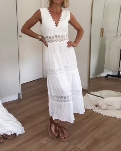 White Lace Dress | V-Neck | Flowy | Maxi Dress | Summer Dress-Grace Aura