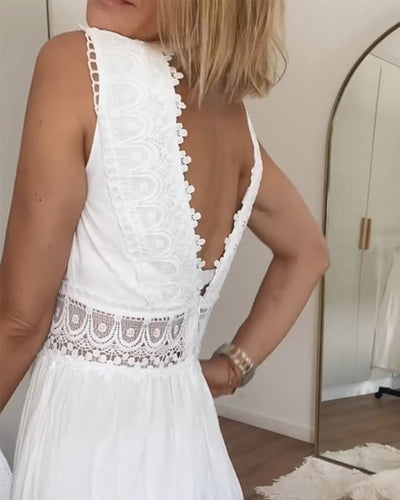 White Lace Dress | V-Neck | Flowy | Maxi Dress | Summer Dress-Grace Aura