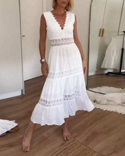 White Lace Dress | V-Neck | Flowy | Maxi Dress | Summer Dress-Grace Aura