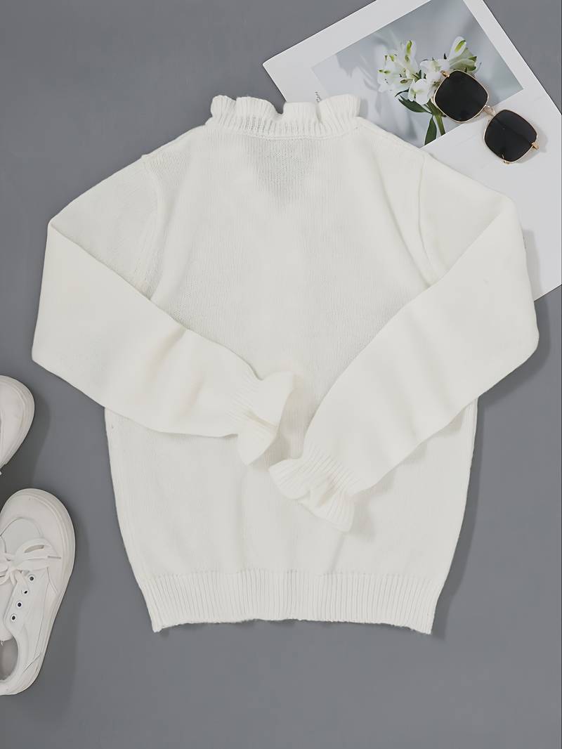 White Sweater | Pearl Buttons | Ruffles | V-Neck Jumper | Women's Knitwear-Grace Aura