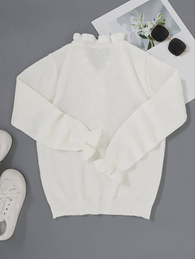 White Sweater | Pearl Buttons | Ruffles | V-Neck Jumper | Women's Knitwear-Grace Aura