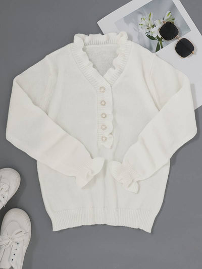 White Sweater | Pearl Buttons | Ruffles | V-Neck Jumper | Women's Knitwear-Grace Aura