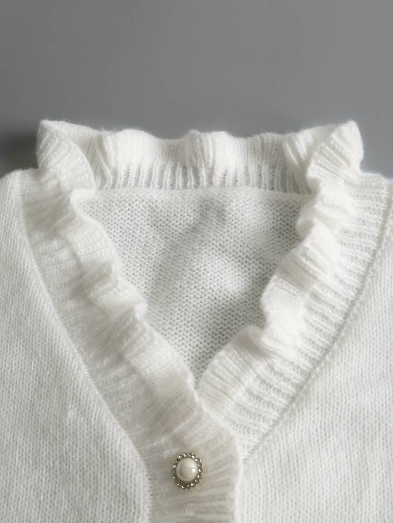 White Sweater | Pearl Buttons | Ruffles | V-Neck Jumper | Women's Knitwear-Grace Aura