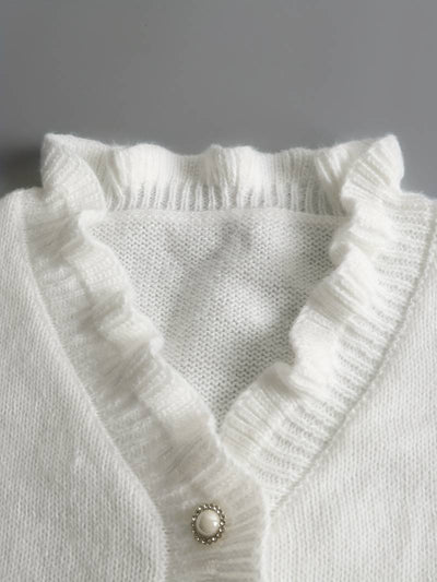 White Sweater | Pearl Buttons | Ruffles | V-Neck Jumper | Women's Knitwear-Grace Aura