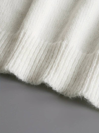 White Sweater | Pearl Buttons | Ruffles | V-Neck Jumper | Women's Knitwear-Grace Aura