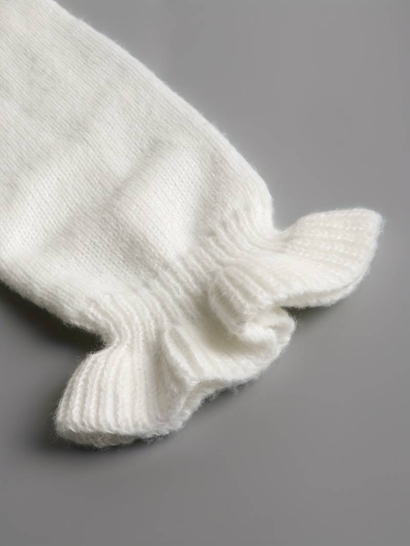 White Sweater | Pearl Buttons | Ruffles | V-Neck Jumper | Women's Knitwear-Grace Aura