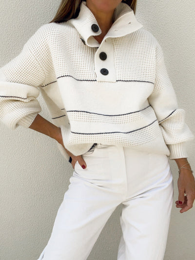 White Sweater - Women's Oversized Button Neck Pullover Jumper-Grace Aura