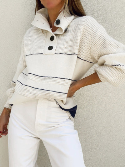 White Sweater - Women's Oversized Button Neck Pullover Jumper-Grace Aura