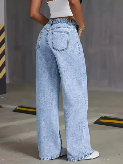 Wide Leg Jeans - Light Blue - Regular Waist - Loose Fit Jeans - Women's Jeans-Grace Aura