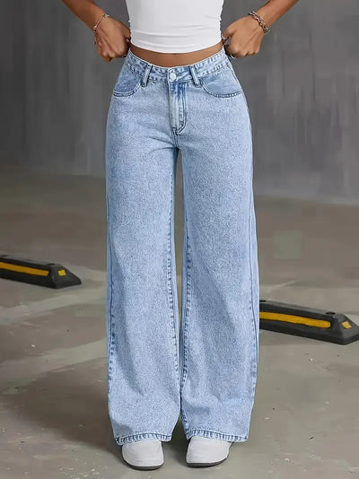 Wide Leg Jeans - Light Blue - Regular Waist - Loose Fit Jeans - Women's Jeans-Grace Aura