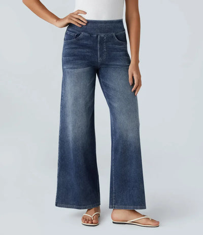 Wide Leg Jeans - Women's Elastic High Waist Stretchy Jeans-Grace Aura