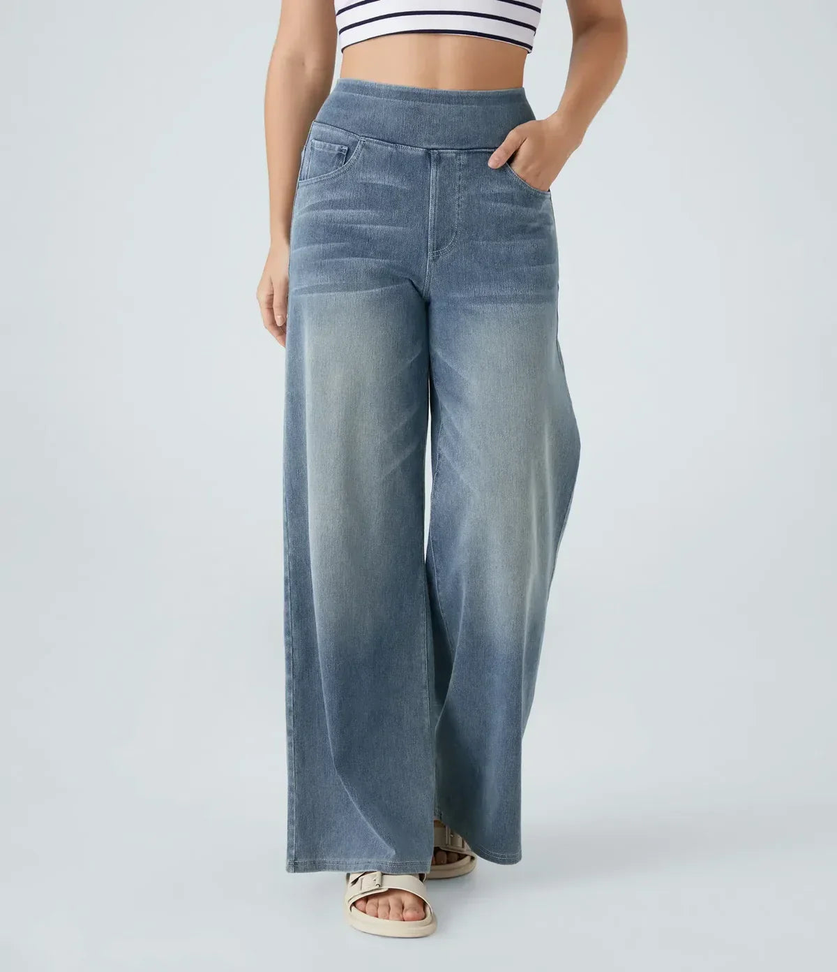 Wide Leg Jeans - Women's Elastic High Waist Stretchy Jeans-Grace Aura