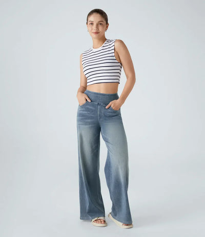 Wide Leg Jeans - Women's Elastic High Waist Stretchy Jeans-Grace Aura