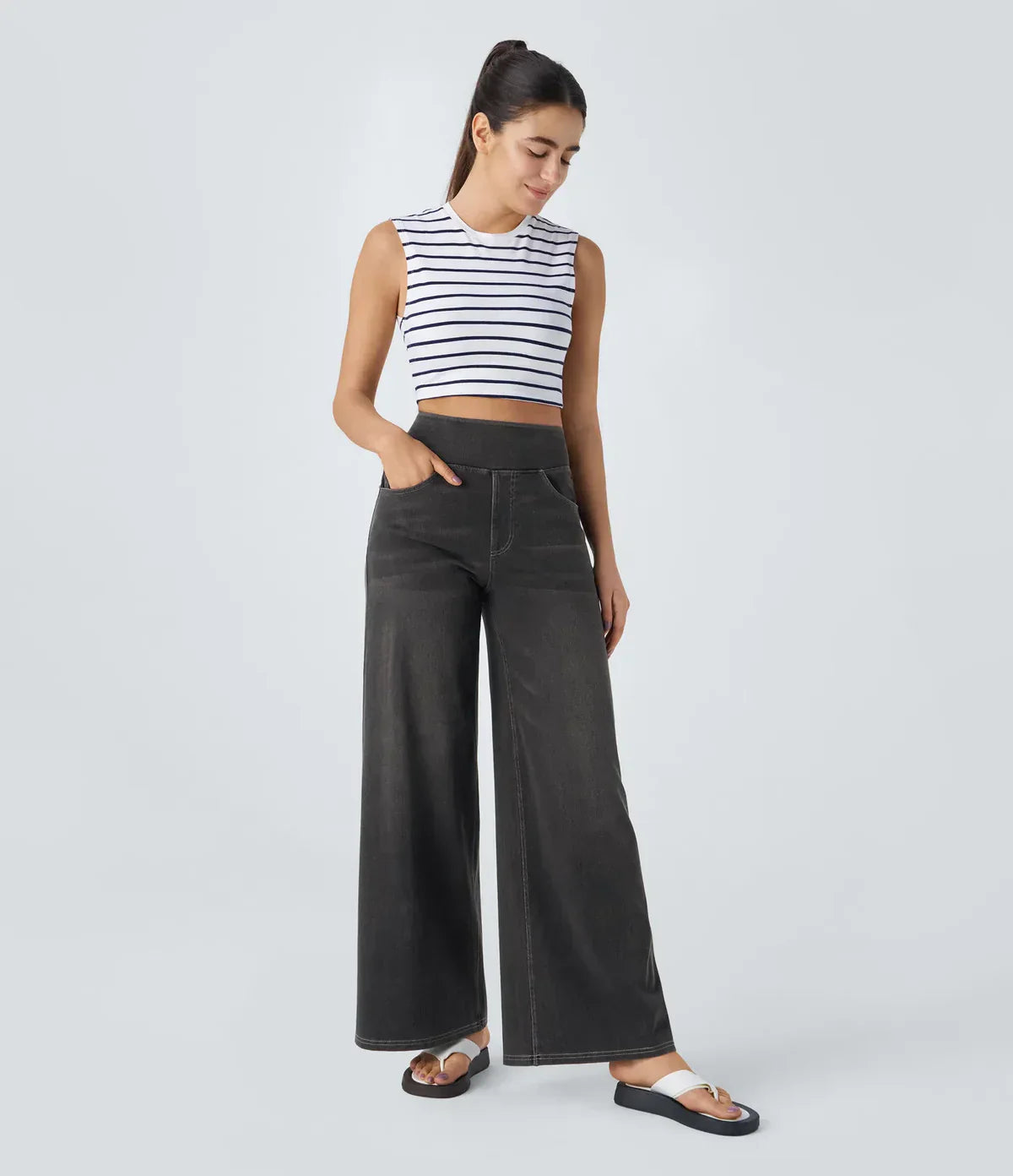 Wide Leg Jeans - Women's Elastic High Waist Stretchy Jeans-Grace Aura