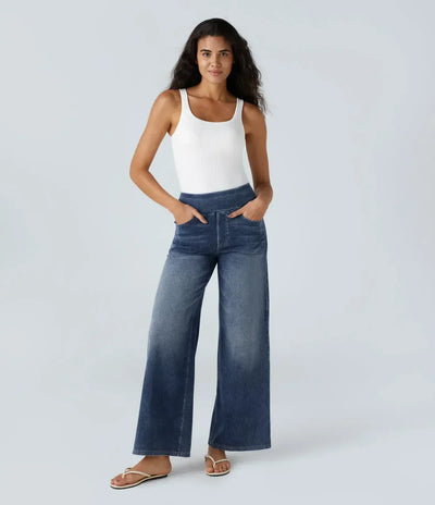 Wide Leg Jeans - Women's Elastic High Waist Stretchy Jeans-Grace Aura