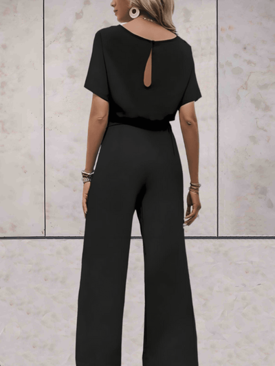 Wide Leg Jumpsuit - Women's Elegant Short Sleeve Summer with Belt-Grace Aura