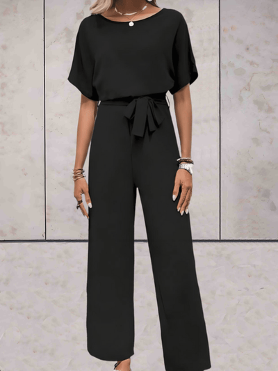 Wide Leg Jumpsuit - Women's Elegant Short Sleeve Summer with Belt-Grace Aura