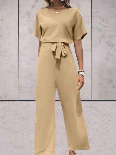 Wide Leg Jumpsuit - Women's Elegant Short Sleeve Summer with Belt-Grace Aura