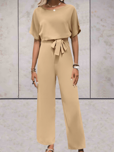 Wide Leg Jumpsuit - Women's Elegant Short Sleeve Summer with Belt-Grace Aura