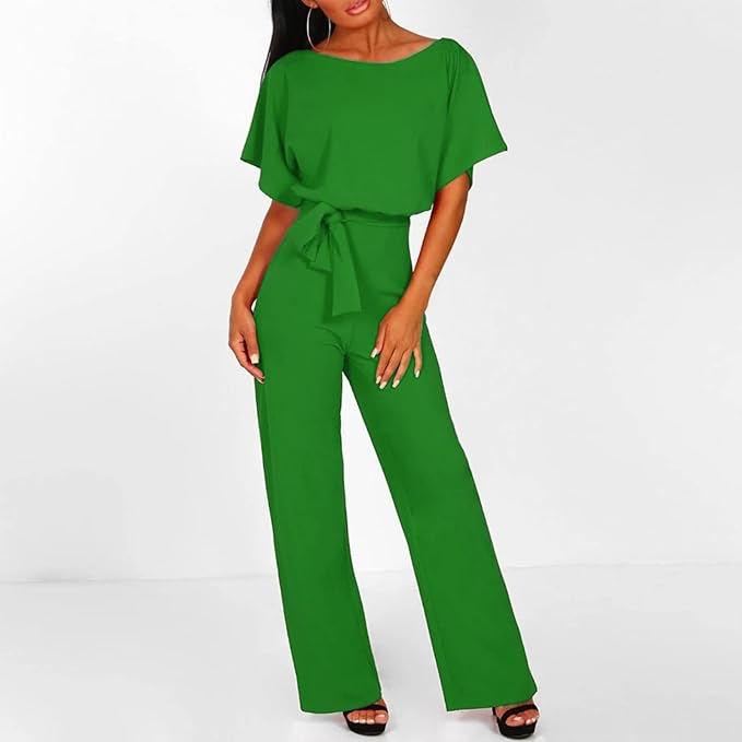 Wide Leg Jumpsuit - Women's Elegant Short Sleeve Summer with Belt-Grace Aura