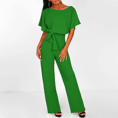 Wide Leg Jumpsuit - Women's Elegant Short Sleeve Summer with Belt-Grace Aura