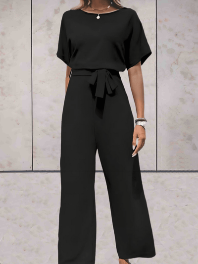 Wide Leg Jumpsuit - Women's Elegant Short Sleeve Summer with Belt-Grace Aura