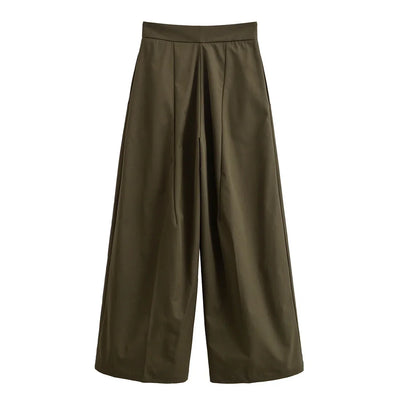 Wide Leg Pants | Army Green | High Waisted | Pleated Pants | Women's Trousers-Grace Aura