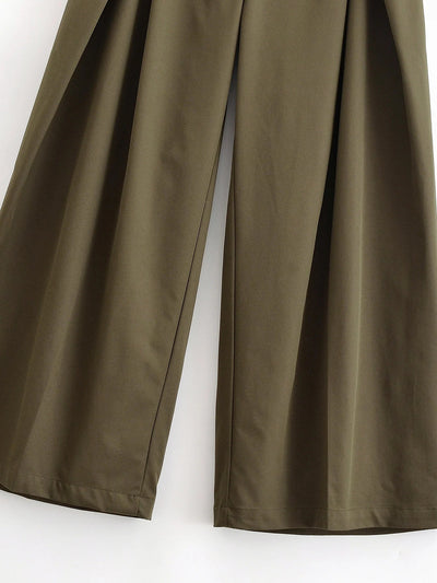 Wide Leg Pants | Army Green | High Waisted | Pleated Pants | Women's Trousers-Grace Aura