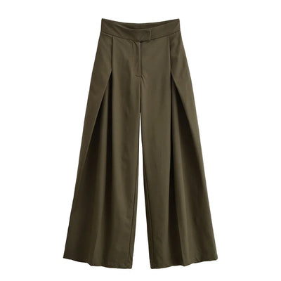Wide Leg Pants | Army Green | High Waisted | Pleated Pants | Women's Trousers-Grace Aura