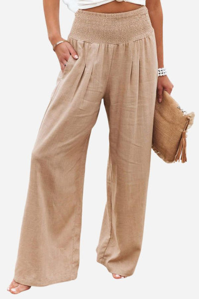 Wide Leg Pants | High Waisted | Shirred Waist | Palazzo Pants | Ladies Linen Pants-Grace Aura
