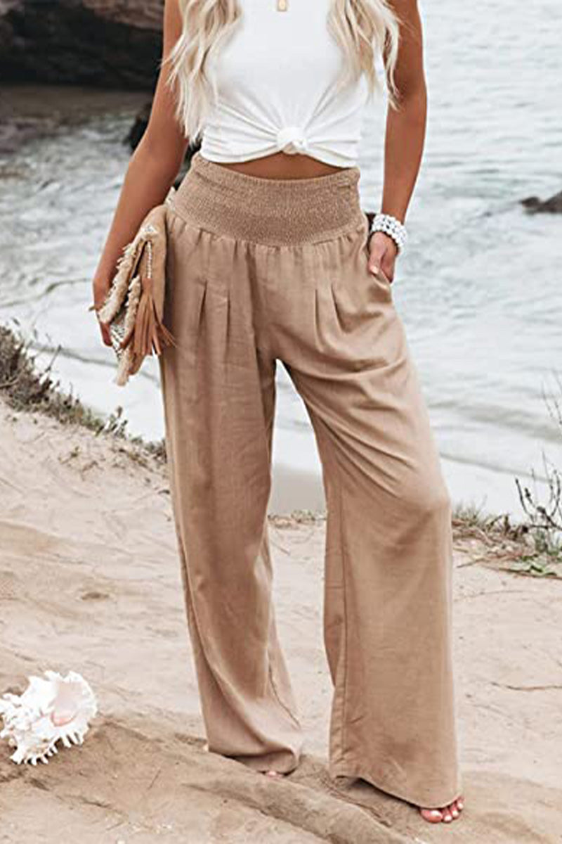 Wide Leg Pants | High Waisted | Shirred Waist | Palazzo Pants | Ladies Linen Pants-Grace Aura