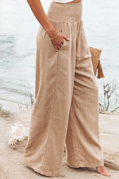 Wide Leg Pants | High Waisted | Shirred Waist | Palazzo Pants | Ladies Linen Pants-Grace Aura