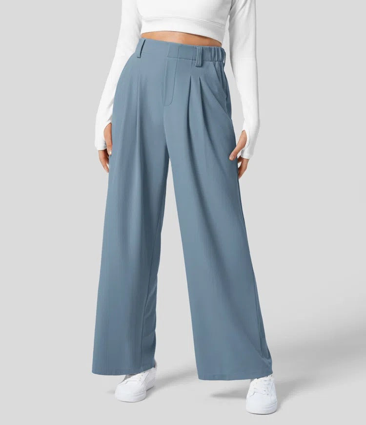 Wide Leg Pants - Women's Elastic Waist Loose Fit High Waisted Pants -Grace Aura