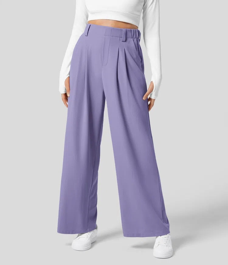 Wide Leg Pants - Women's Elastic Waist Loose Fit High Waisted Pants -Grace Aura