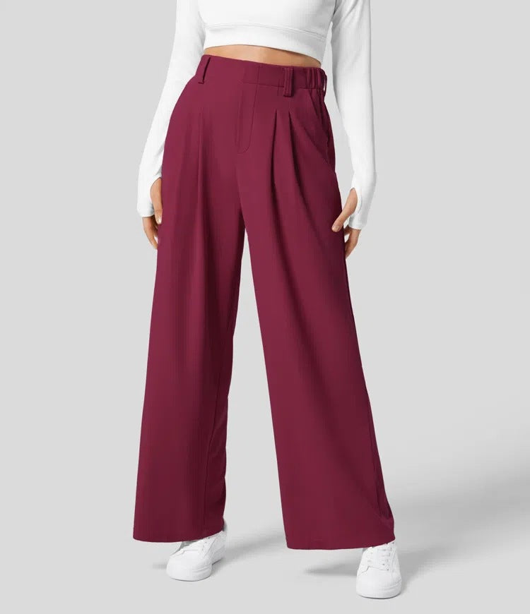 Wide Leg Pants - Women's Elastic Waist Loose Fit High Waisted Pants -Grace Aura