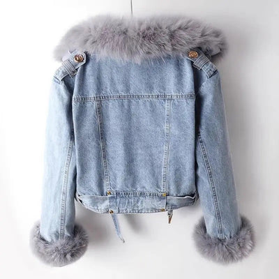 Winter Denim Jacket | Faux Fur | Zip-Up | Short Winter Jacket | Winter Jackets Women-Grace Aura