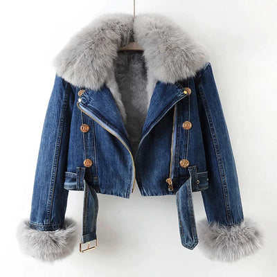 Winter Denim Jacket | Faux Fur | Zip-Up | Short Winter Jacket | Winter Jackets Women-Grace Aura