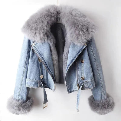 Winter Denim Jacket | Faux Fur | Zip-Up | Short Winter Jacket | Winter Jackets Women-Grace Aura
