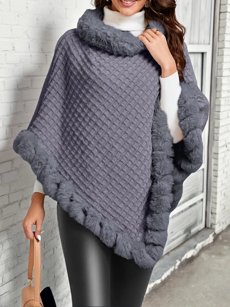 Winter Poncho | Faux Fur | High Neck | Fur Trimmed Poncho | Women's Poncho-Grace Aura
