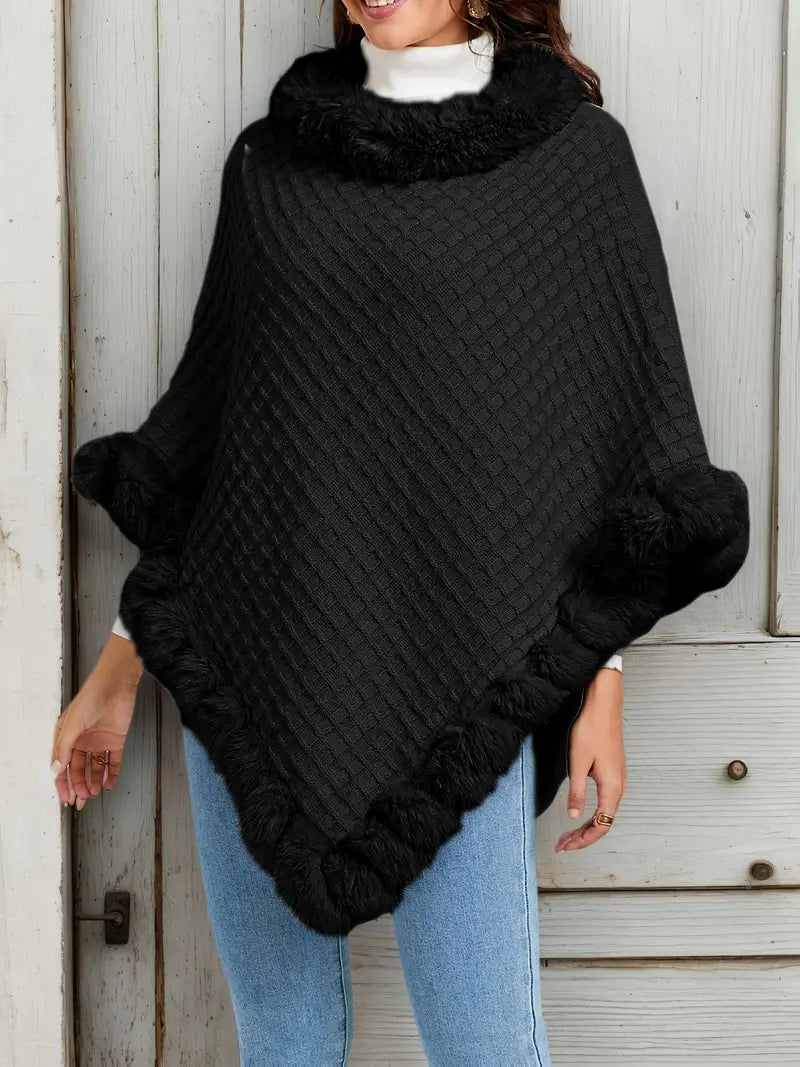Winter Poncho | Faux Fur | High Neck | Fur Trimmed Poncho | Women's Poncho-Grace Aura