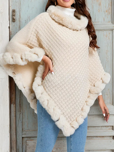 Winter Poncho | Faux Fur | High Neck | Fur Trimmed Poncho | Women's Poncho-Grace Aura