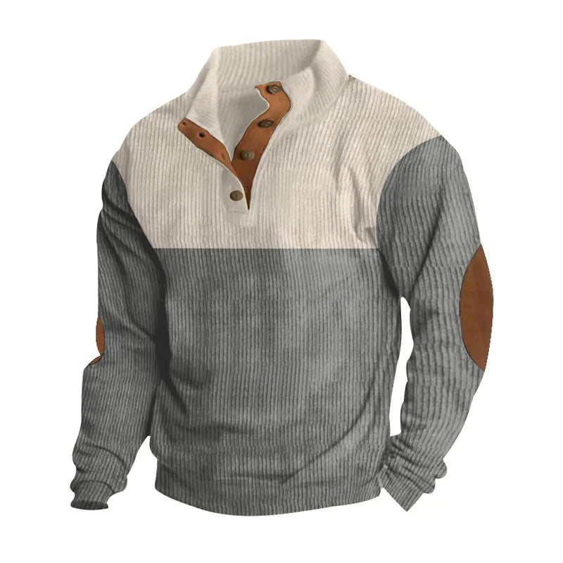 Winter Pullover - Elbow Patches - Button Neck - Sweater - Men's Clothing-Grace Aura