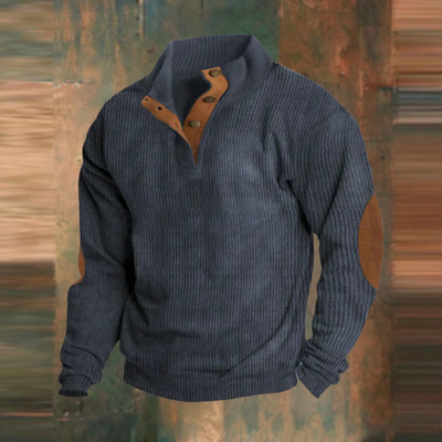 Winter Pullover - Men's Warm Button Neck Pullover Sweater with Elbow Patches-Grace Aura