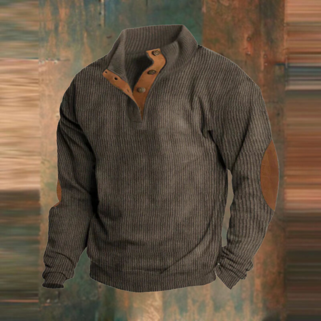 Winter Pullover - Men's Warm Button Neck Pullover Sweater with Elbow Patches-Grace Aura