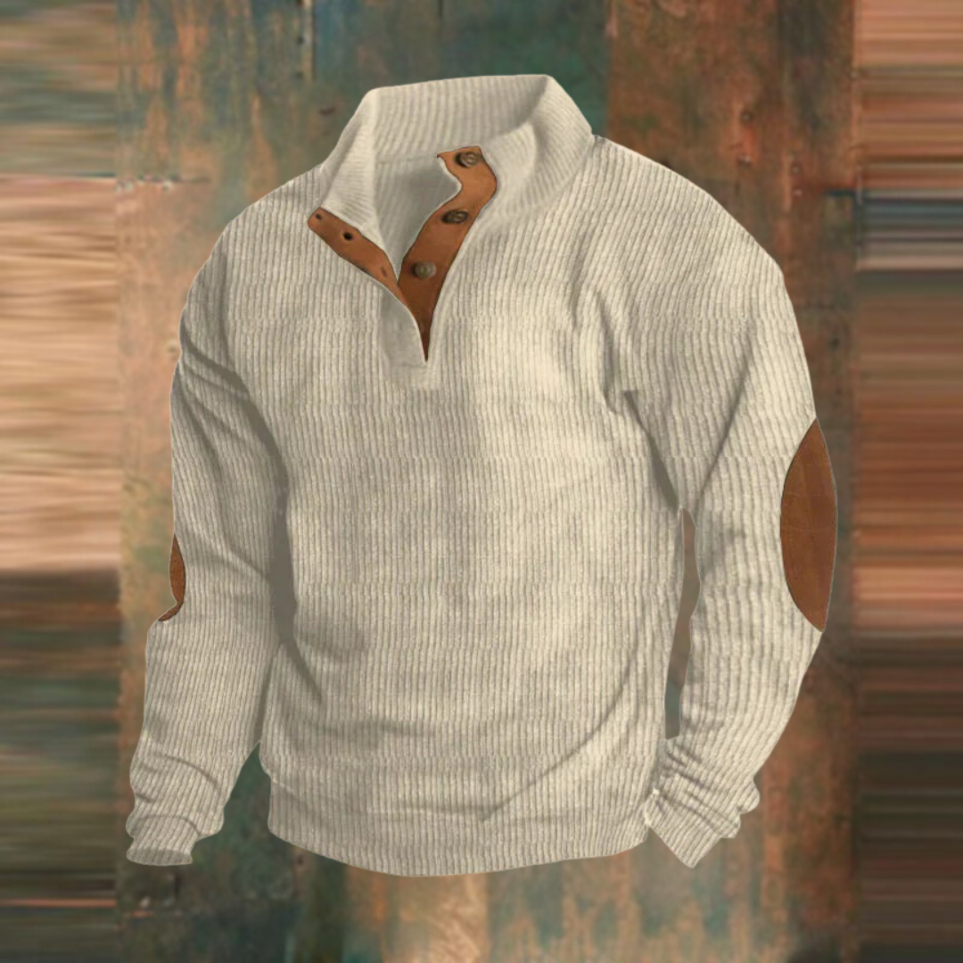 Winter Pullover - Men's Warm Button Neck Pullover Sweater with Elbow Patches-Grace Aura