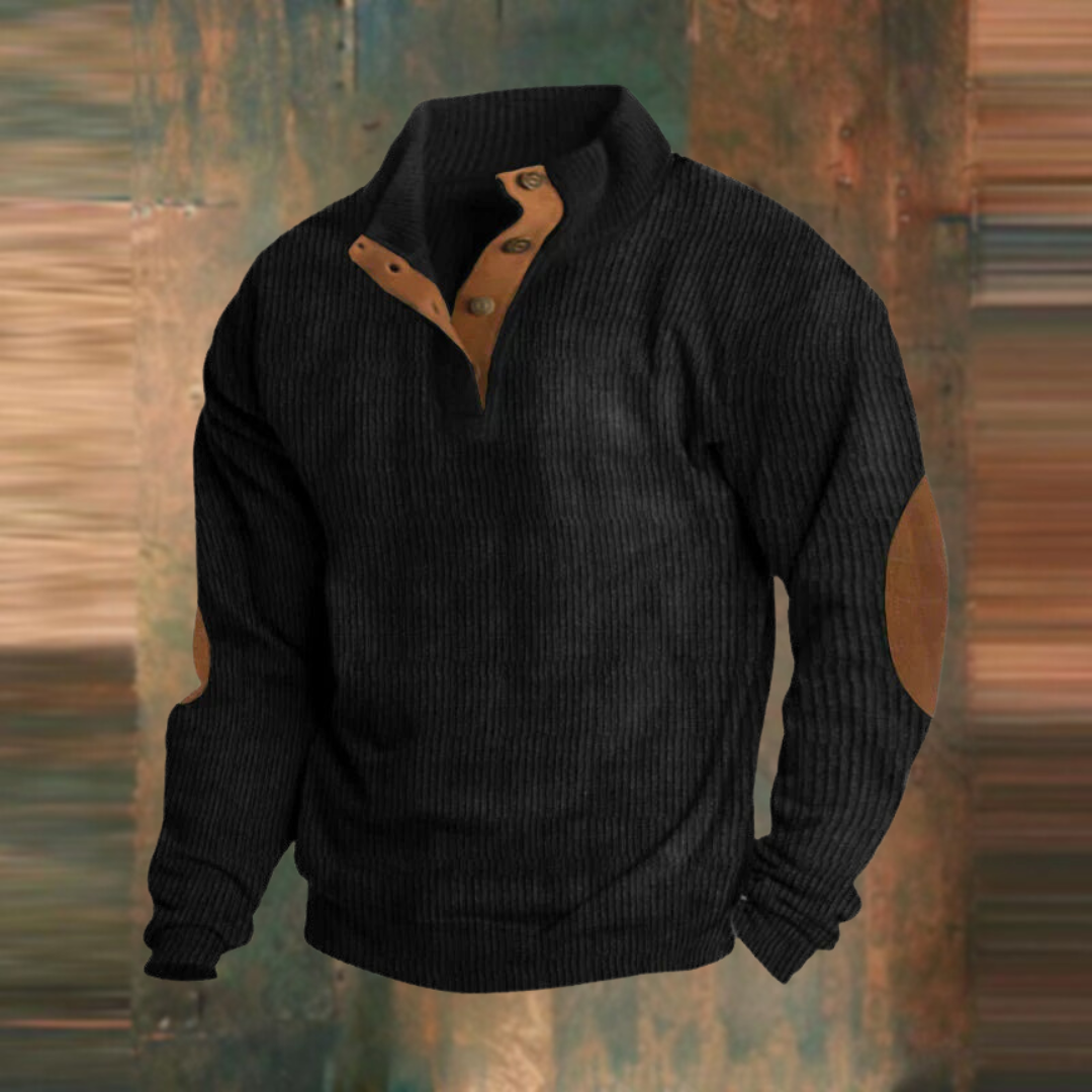 Winter Pullover - Men's Warm Button Neck Pullover Sweater with Elbow Patches-Grace Aura