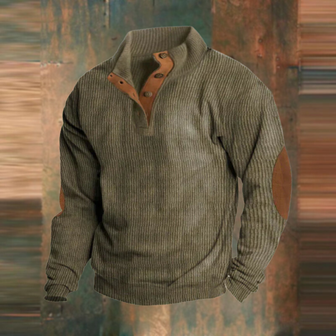 Winter Pullover - Men's Warm Button Neck Pullover Sweater with Elbow Patches-Grace Aura