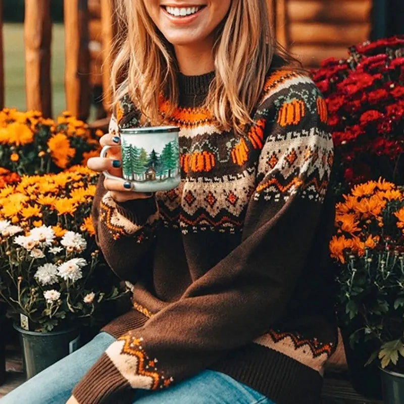 Women's Halloween Jumper - Brown - Knitted - Pumpkin Jumper - Halloween Pullover-Grace Aura