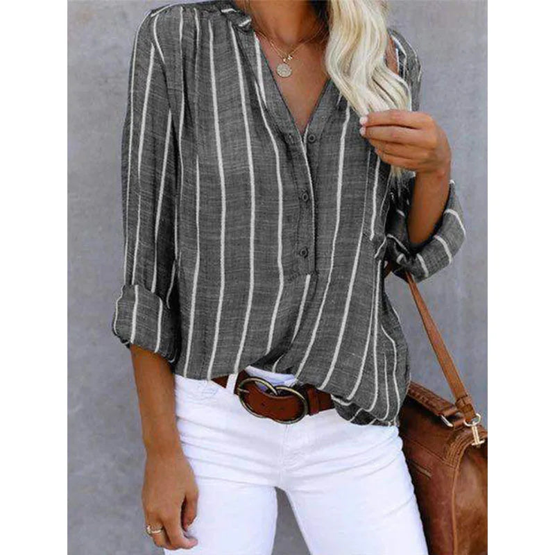 Women's Shirt - Button-Up - Loose Fit - Striped Shirt - Linen Blouse-Grace Aura