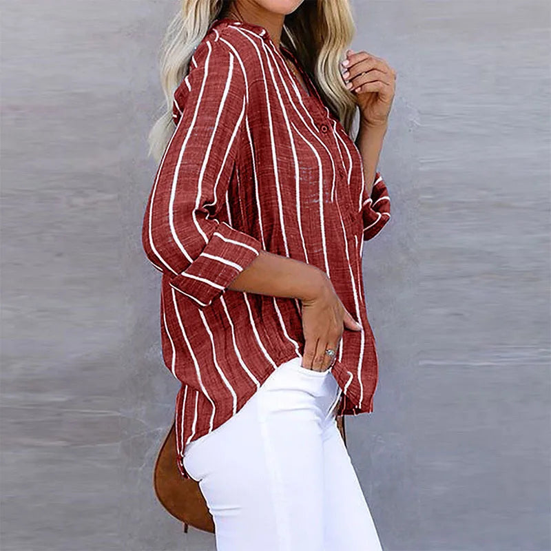 Women's Shirt - Button-Up - Loose Fit - Striped Shirt - Linen Blouse-Grace Aura